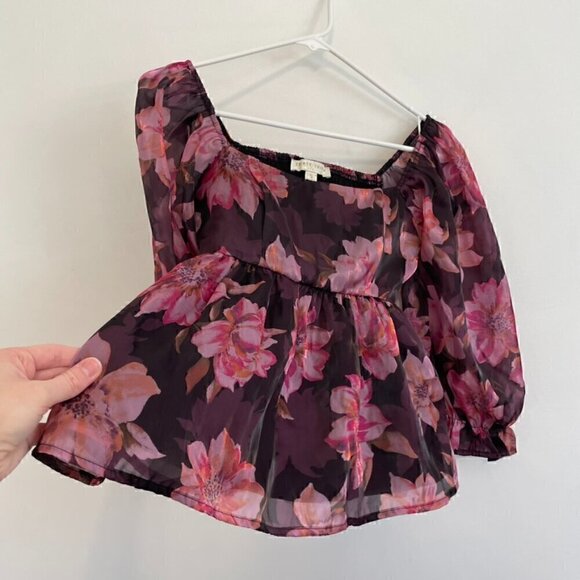 THIRTY THIRTY LA Plum Purple Pink Floral Shiny Square Neck 3/4 Sleeve Blouse S - Picture 9 of 14